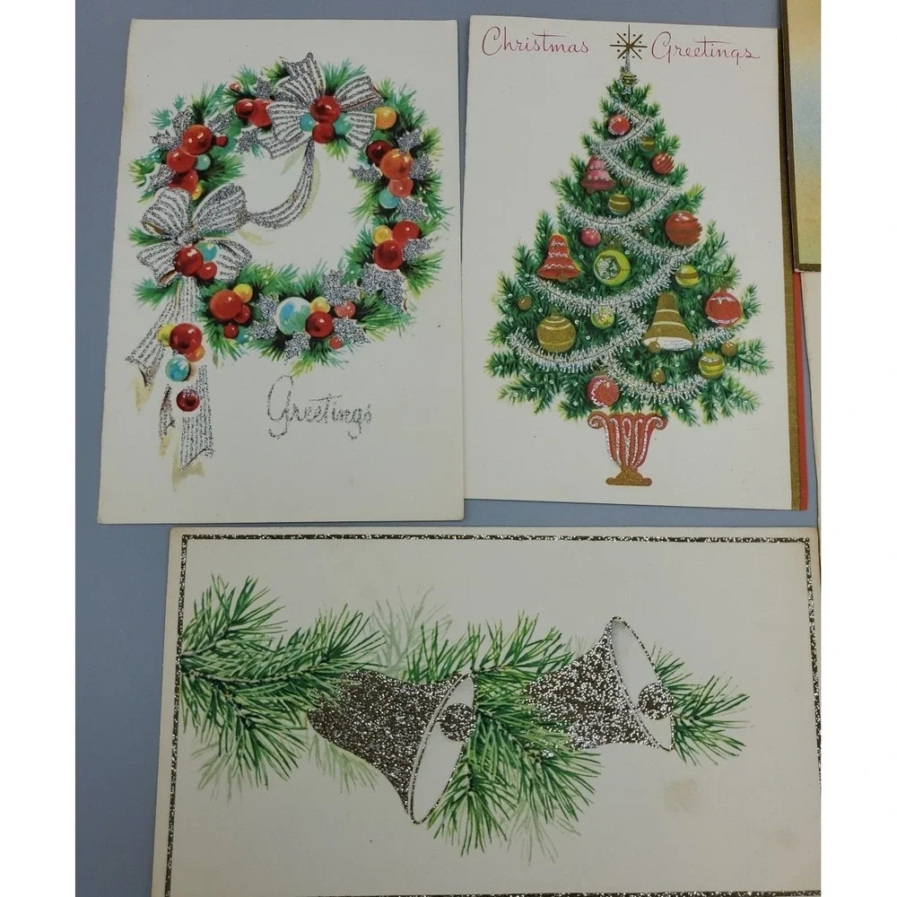 12 Old Vintage Used Greeting Card Fronts Christmas Greetings Embellished Glitter